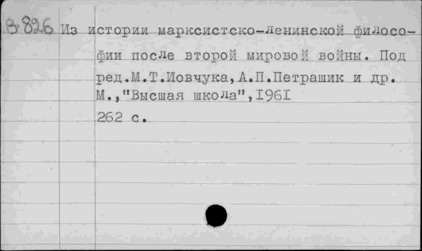 ﻿	Из и	стории марксистско-ленинской-философии после второй мировой войны. Под
		ред.М.Т.Иовчука,А.П.Петрашик и др.
		М.,“Высшая школа",1961
		262 с.
		
		
		
		
		
		